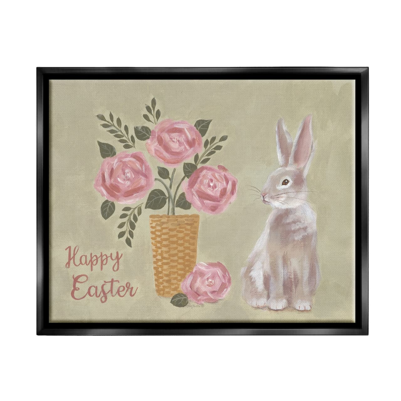 Stupell Industries Happy Easter Bunny Rose Bouquet Floater Framed Art